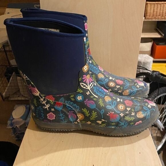 Shoes - Floral Print Rubber Rain Boots With Funky Patterns & Navy Trim